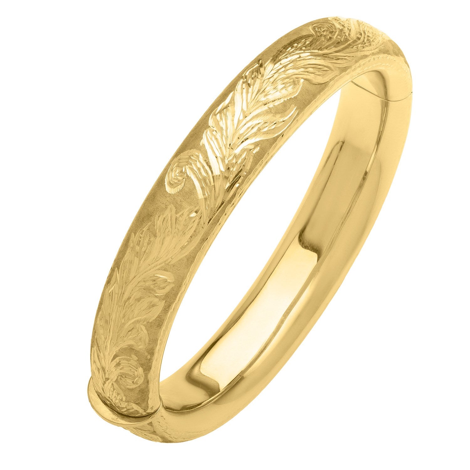 Engraved Large Bangle in 14K Yellow Gold (12.00 mm) in a sleek high-contrast midnight luxury editorial style